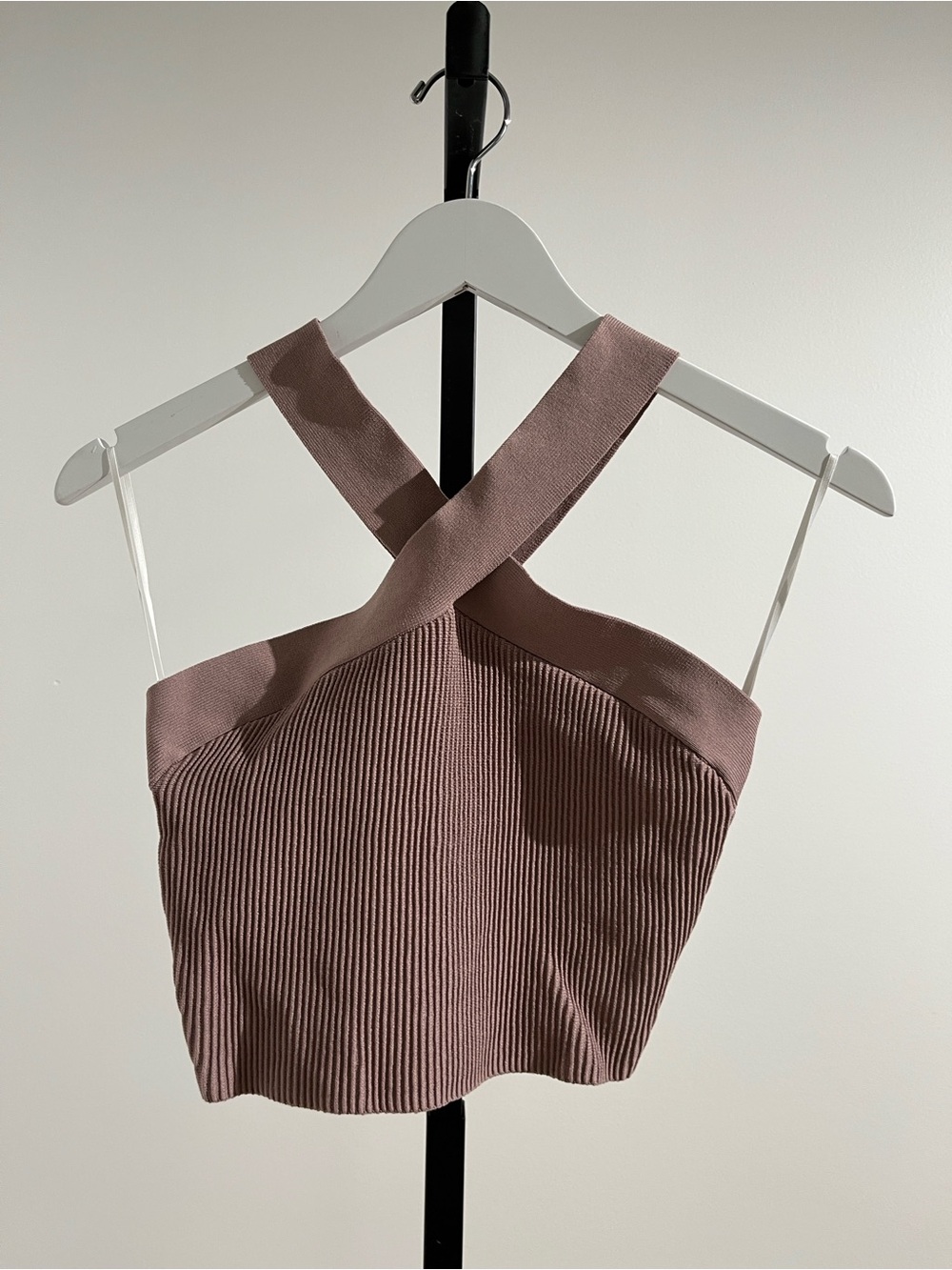 Babaton Ribbed Crossback Halter Top in Mauve Taupe